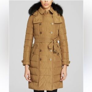BURBERRY BRIT | Allerdale Tan Down Belted Puffer Coat Real Fox Fur Hood Trim XS